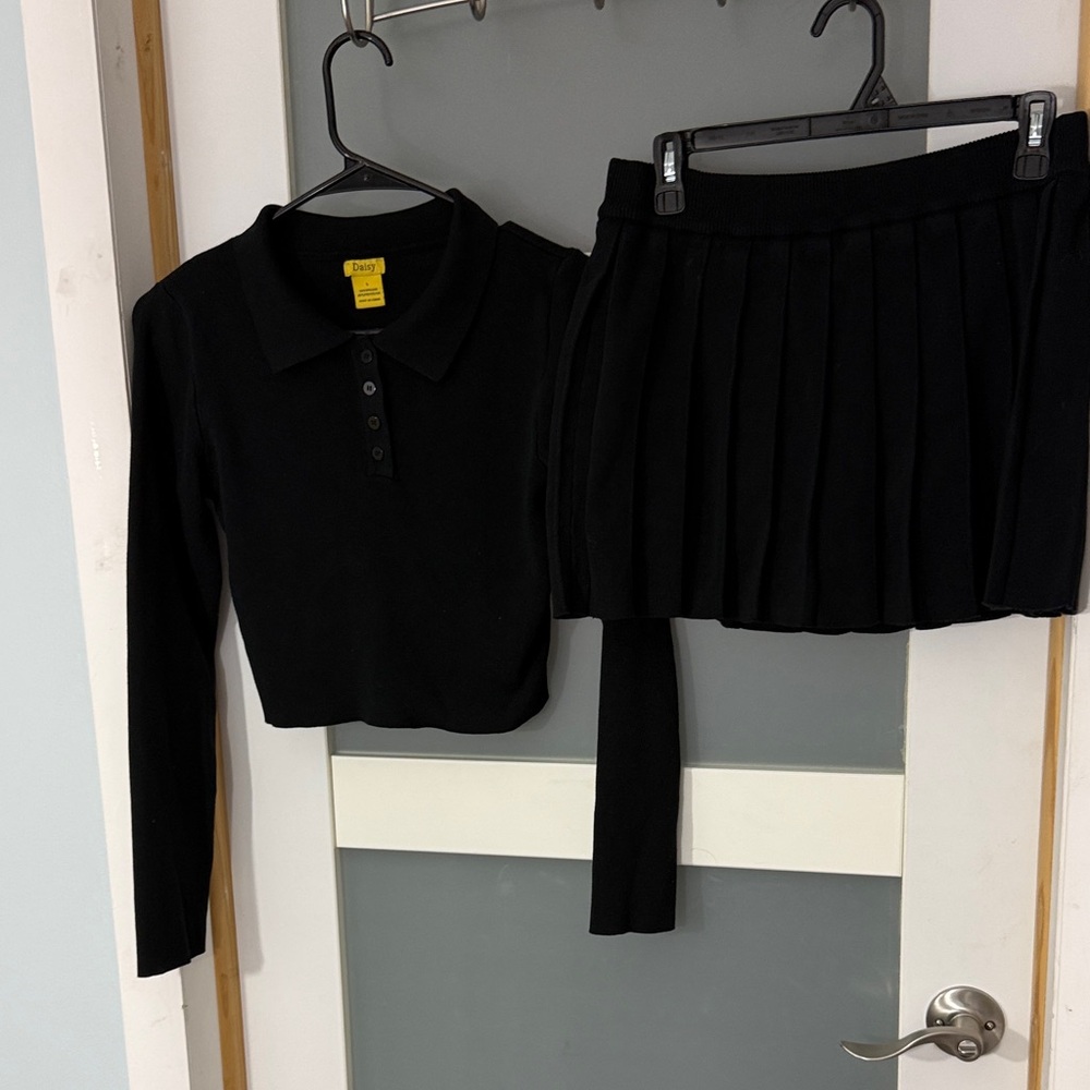Daisy Black Collared Long Sleeve Top and Skirt